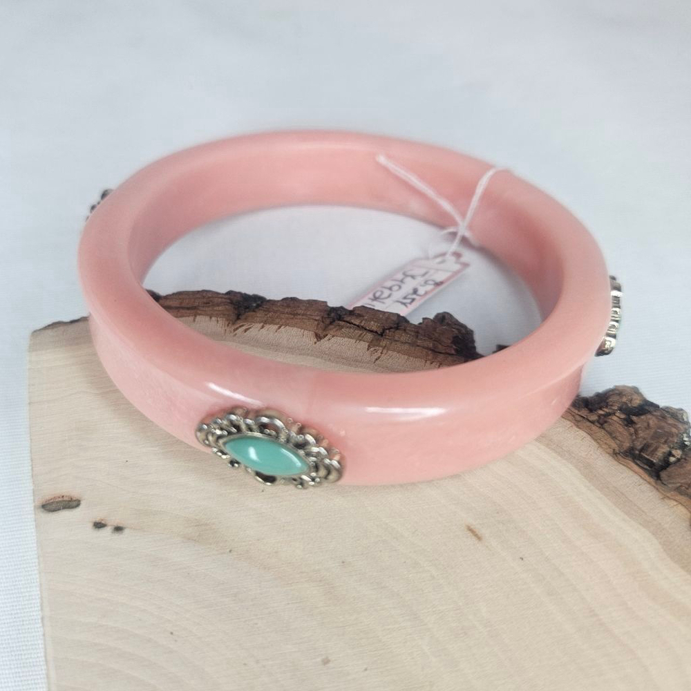 Vintage Coral 80s Bangle with Faux Turquoise Accents EUC Sz 8" Width 1/2" - Picture 5 of 9